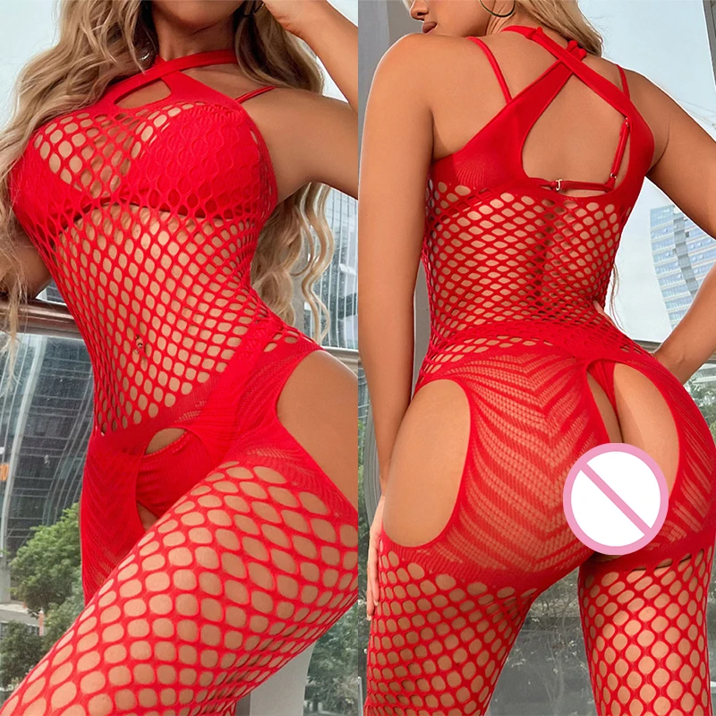 Plus Size Fishnet Bodystocking Sexy Lingerie Women Body Underwear Open Crotch Bodysuits Costumes Porn Transparent Crotchless