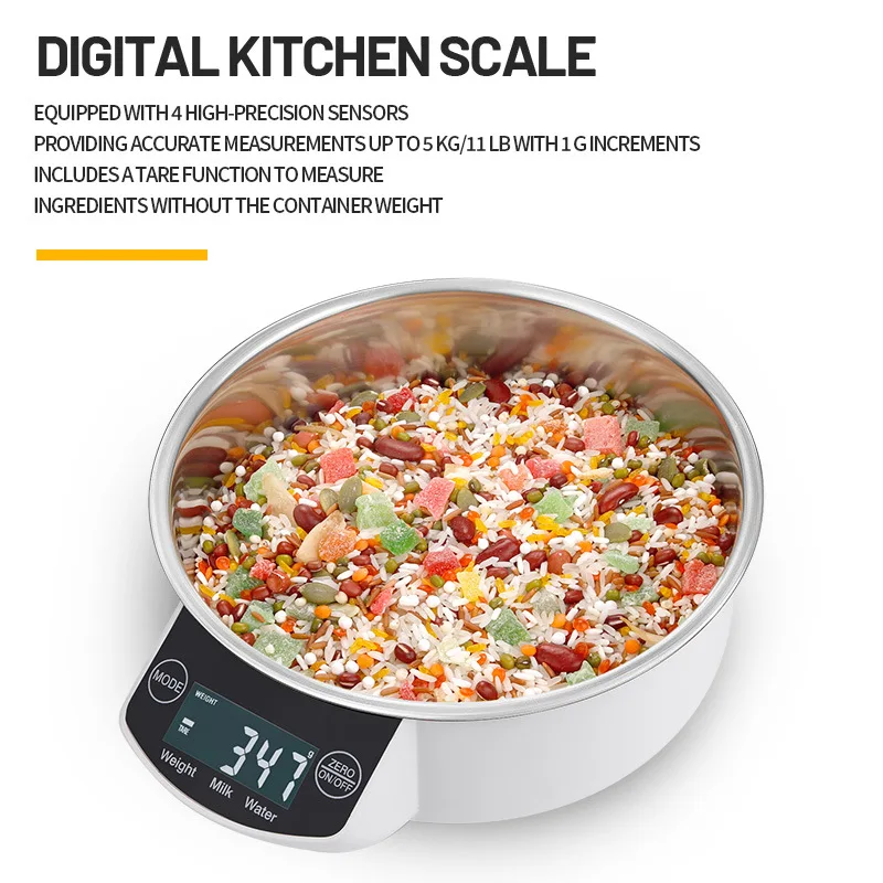 5kg  Detachable Washable Backlit Display Precision Weighing for Grains Home Stainless Steel Electronic Measuring Bowl Scale