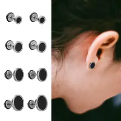 Korean Style Round Black Stud Earrings Street Wear Oil Drip Hip Hop Earring Solid Color Stainless Steel Fashion Stud Earring