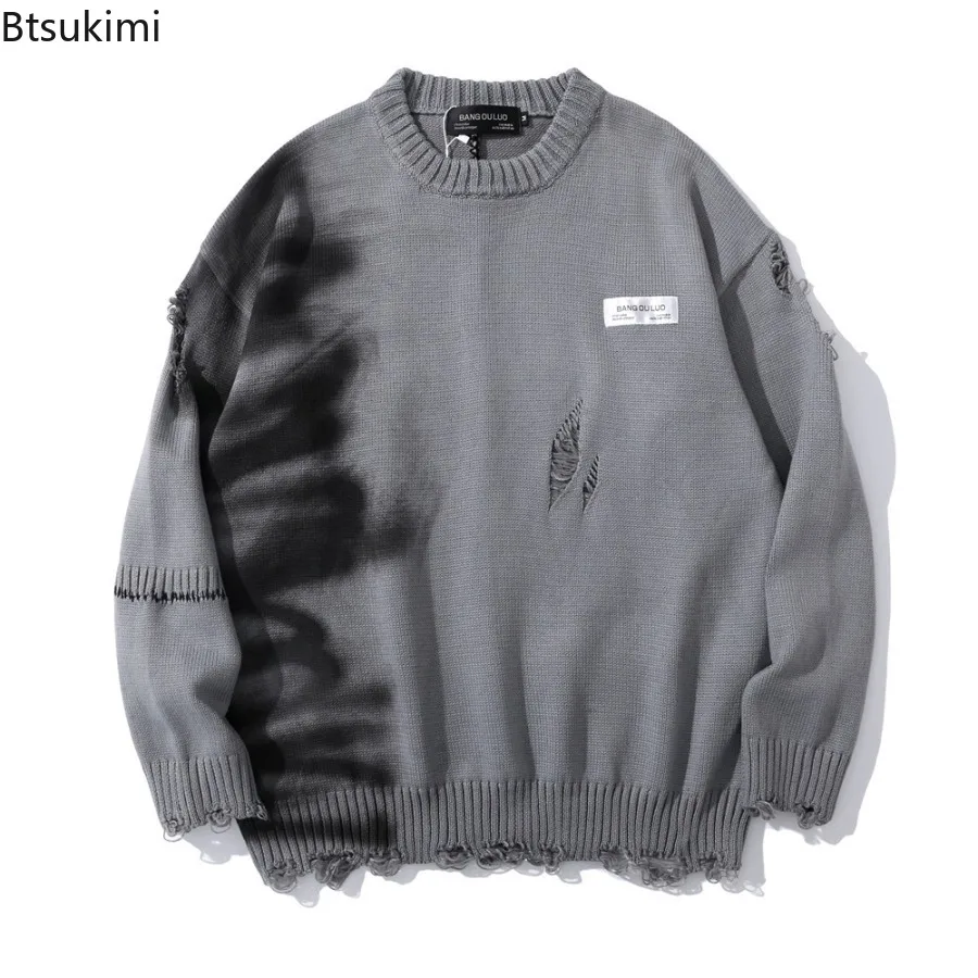 Spring Autumn Men's Graffiti Printed Round Neck Knitted Hole Ripped Sweaters Hip Hop Pullovers Fashion Casual loose knitwear