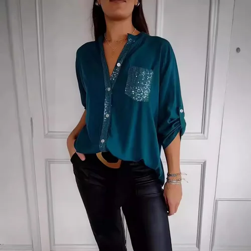 Imagen 2 del producto Blusa con lentejuelas y bolsillo para mujer, camisas informales de verano con botones y manga acampanada, ropa de trabajo OL ostentosa, Tops 2025