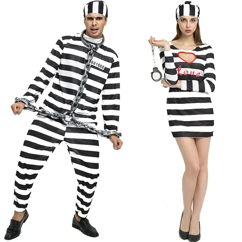 Costumi di Halloween classici a righe da coppia per donne Costume da prigioniero convict ob;8