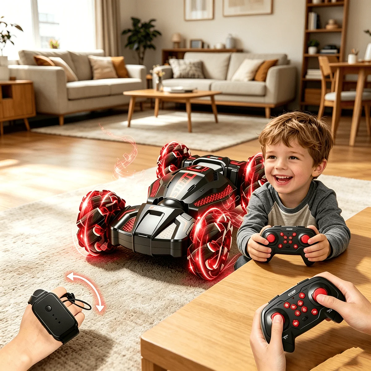Autos de control remoto con sensor de movimiento para el fin de semana, 4WD, con doble control remoto y luces y música, autos de acrobacias, juguetes, regalos originales para cumpleaños e ideas de regalos para niños mayores de 6 años.