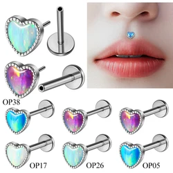 1PC Surgical Steel Opal Helix Tragus Heart Earring Push-in Labret Lip Cartilage Piercing Jewelry Threadless Fit 16G