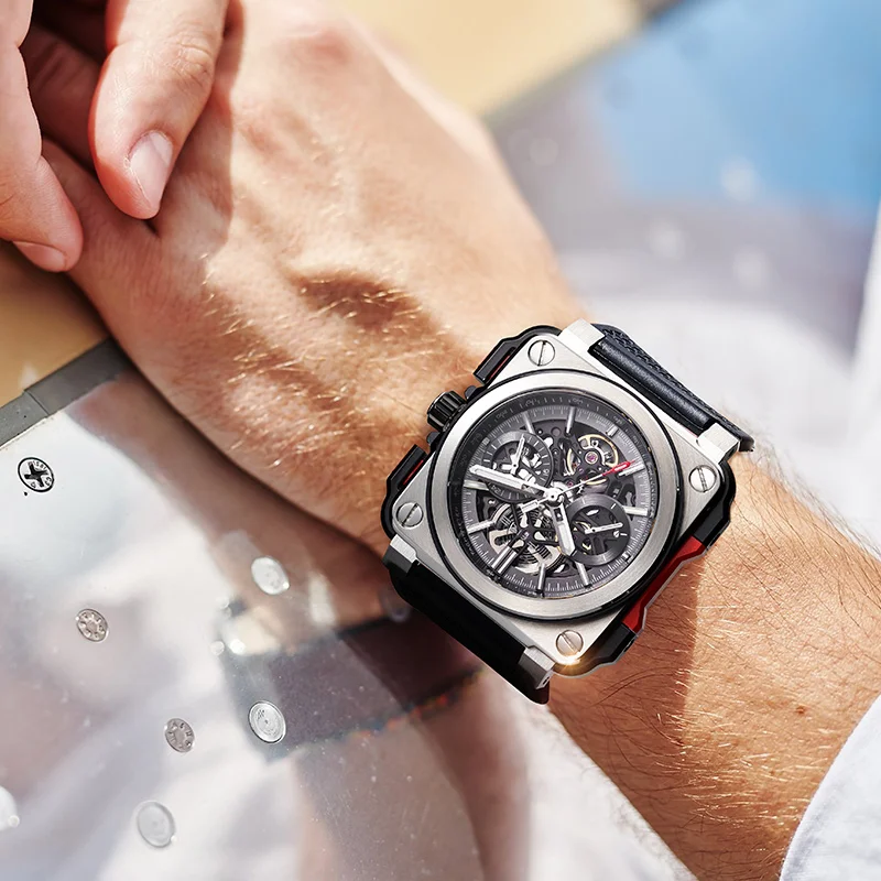 FEICE FM507 ساعة هيكل عظمي أوتوماتيكية للرجال ميكانيكا ساعة يد رجالي مربعة رياضية مضيئة ساعات 10ATM مقاومة للماء