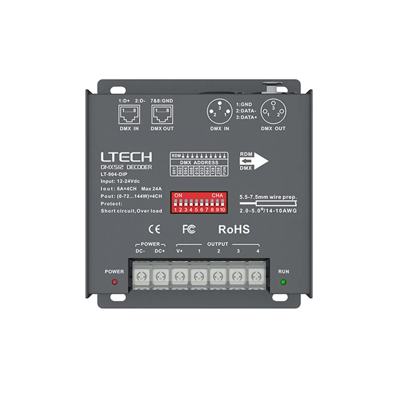 LTECH Led Display DMX Decoder DC12-24V Input;6A*4CH 8A*3CH Max 24A Output 4 Channel PWM RDM DMX512 Slave CV Constant Voltage