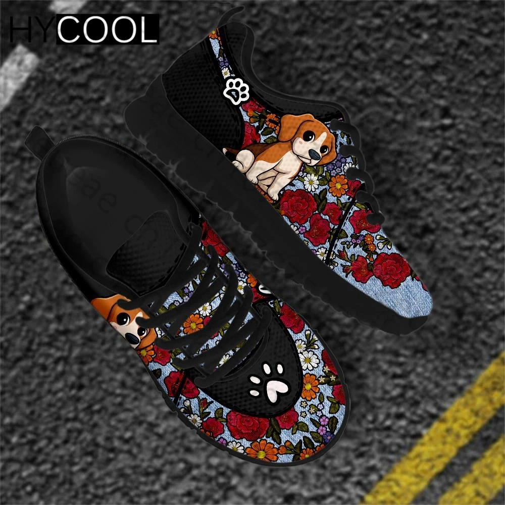 

HYCOOL New Style Unisex Lace Up Sport Shoes Dog Beagle Flower 3D Priting Female Casual Lightweight Walking Running Sneakers