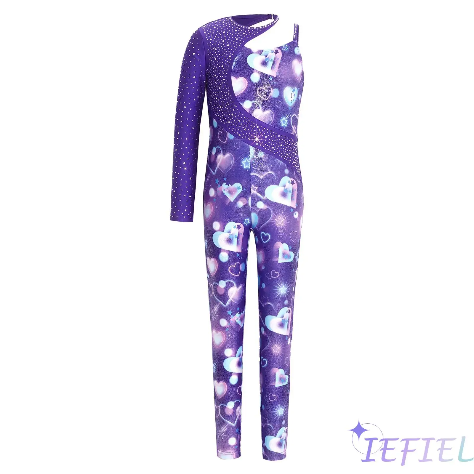 

Kids Girls Shiny Rhinestone Printed Gymnastics Dance Practice Jumpsuit Asymmetrical Full Length Bodysuit for Lyrical Dancewear