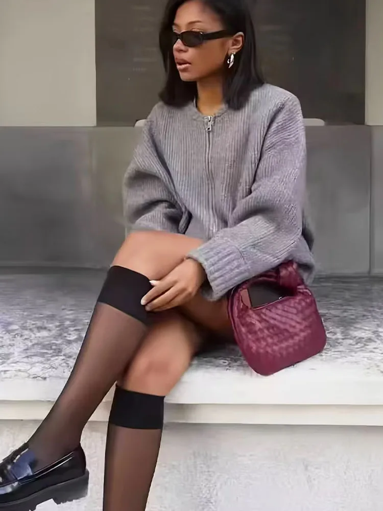 

2024 Woman's Grey Knitted Sweater Coats With Zipper Soild Crop Tops Cardigan Lady Casual Regular Fit Versatile Style