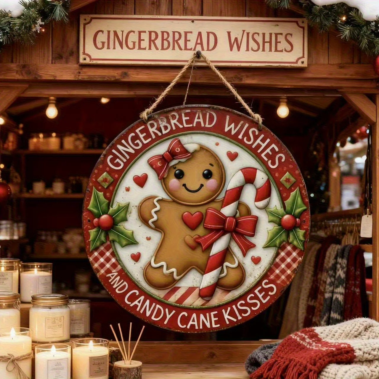 1pcs Wooden Vintage Round Christmas Sign Rustic Gingerbread Wishes and Candy Cane Kisses Wall Art, 2D Flat Print Holiday Supplie