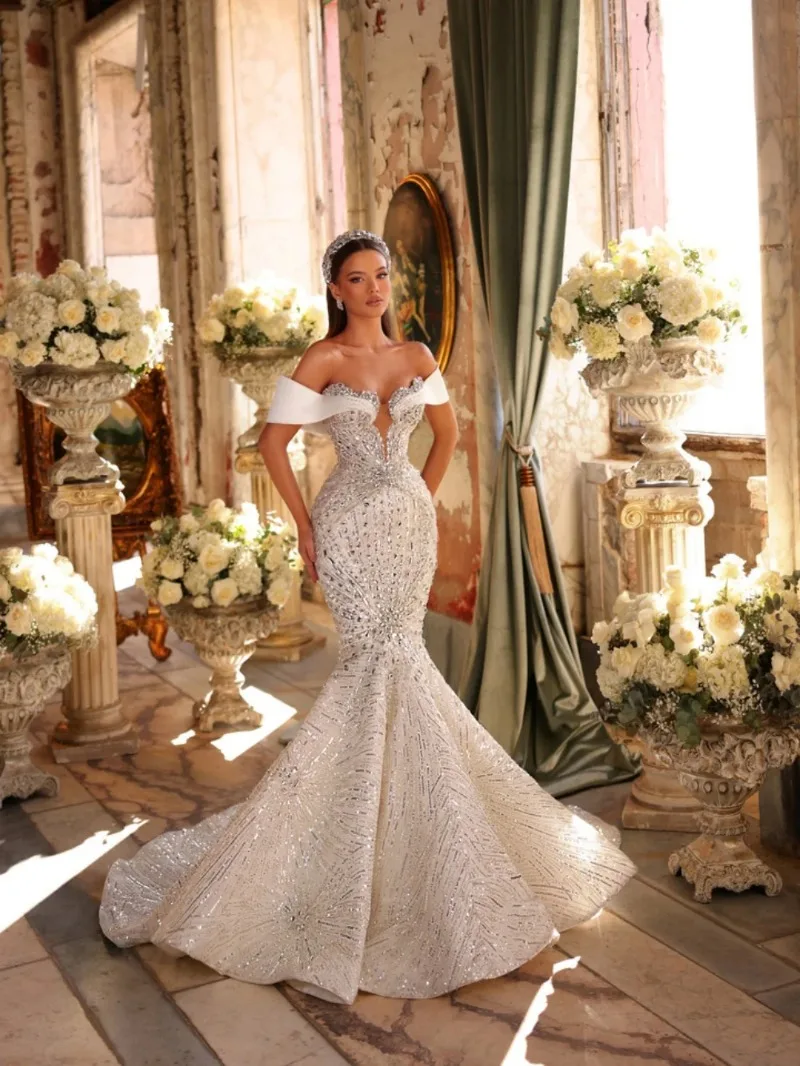 Customized Gorgeous Off Shoulder Dresses New Arrival Silver Crystal Wedding Dress Dreamy Floor-length Mermaid Bridal Gown