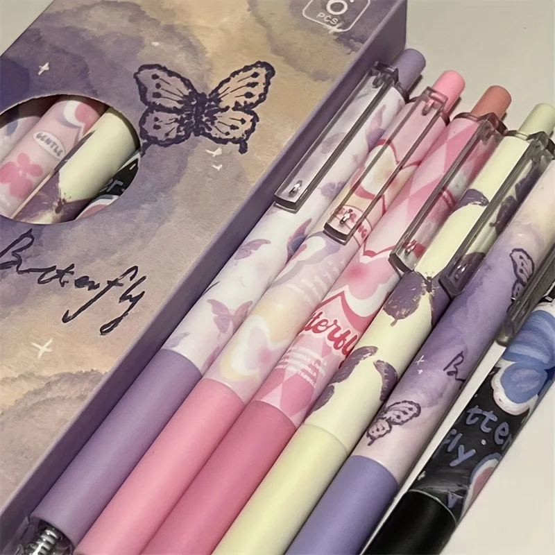 6pcs Cute Butterfly Gel Pens Aesthetic Stationary Pens ，Kawaii pen stationery，0.5 Mm Quick-drying Black Ink Pens Fine Point