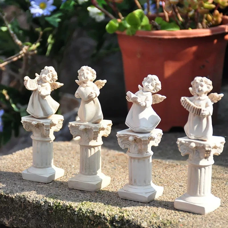 Garden Ornament Vintage European Roman Column Playing Angel Succulent Scene Micro Landscape Ornaments Home Decor Decoração