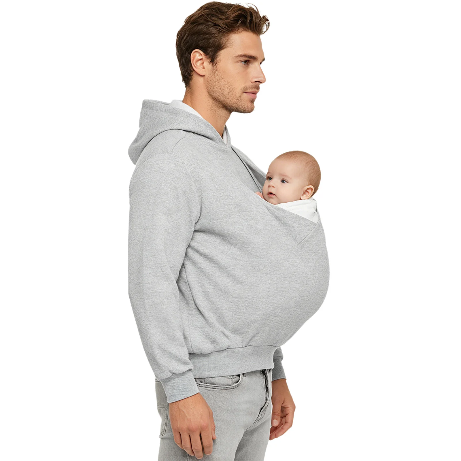 Herren-Känguru-Hoodie für Väter und Babytragen, einfarbig, mit großer Tasche vorne, Kapuzen-Sweatshirt, lässiger Langarm-Pullover – Detail 3