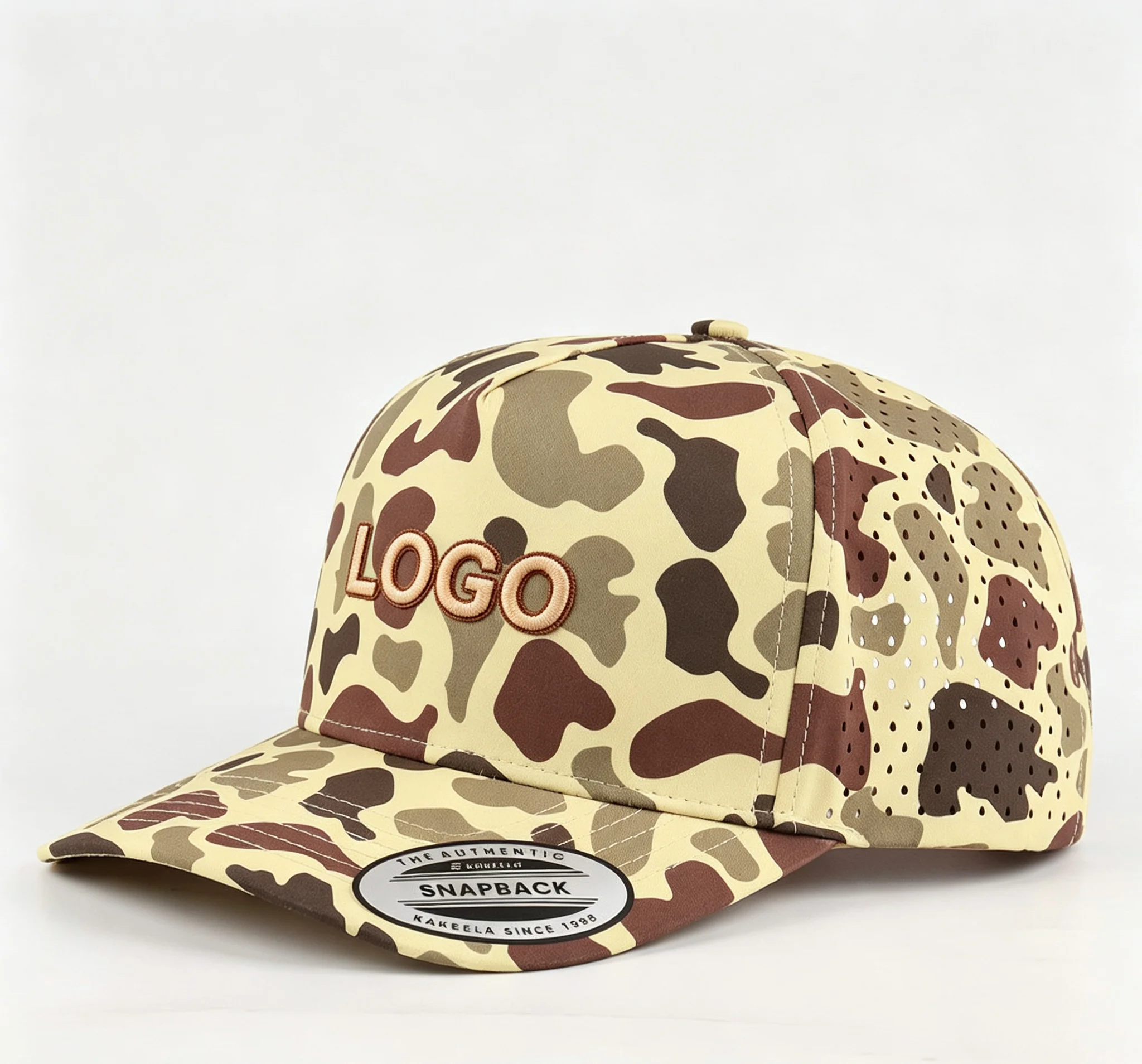 Unisex Premium Golf Hats 5 Panel Waterproof 3D Embroidery Camouflage Design 100% Polyester Teardrop Detail
