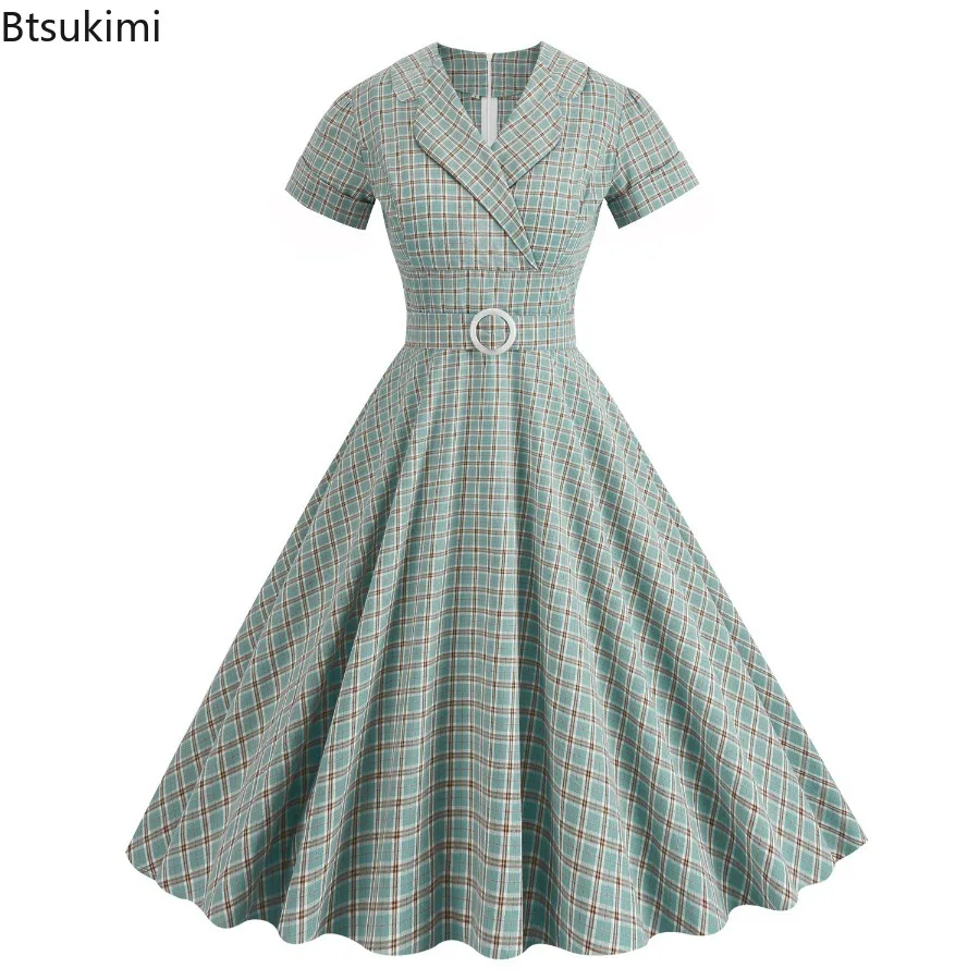 

New 2025 Women's Retro Notched Collar High Waist Plaid Dress Ladies Summer Elegant Vintage Casual Rockabilly Dresses with Belted