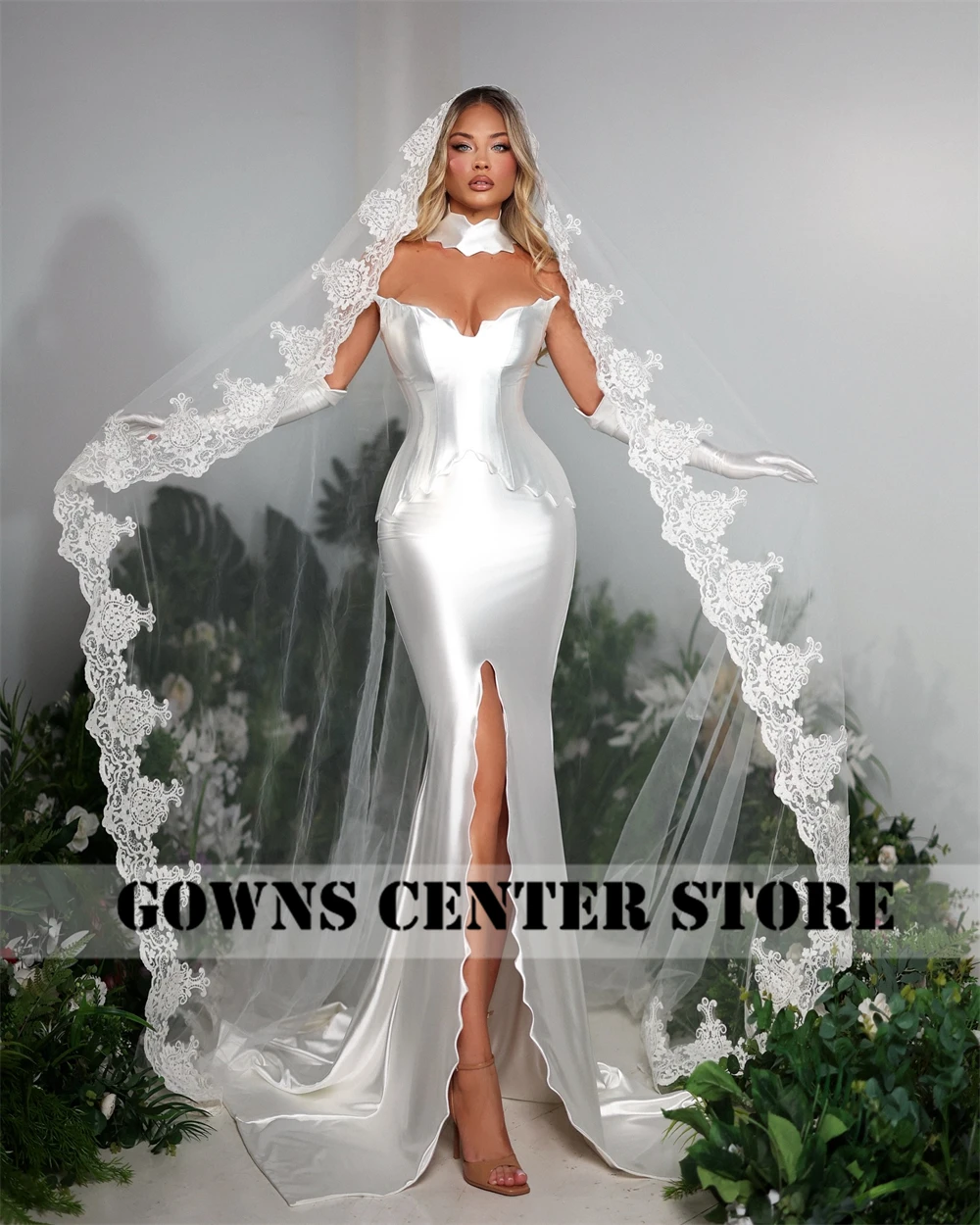 

Amazing White Satin Ball Gown Aso Ebi High Split Mermaid Wedding Dress Middle East Elegant African Bridal Gowns Dress Customized