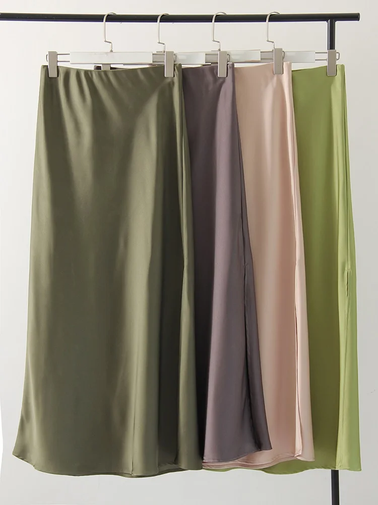 Streamgirl Maxi Solid Slit Skirts For Women Long Elegant Summer Office Champagne Satin Skirts Elastic Waist Women's Summer Skirt