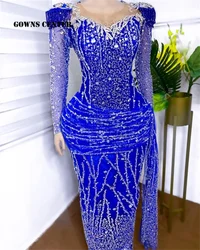 Royal Blue Aso Ebi Evening Dresses Long Sleeve Luxury Beaded Tassels African Mermaid Formal Gown For Wedding Party Customized