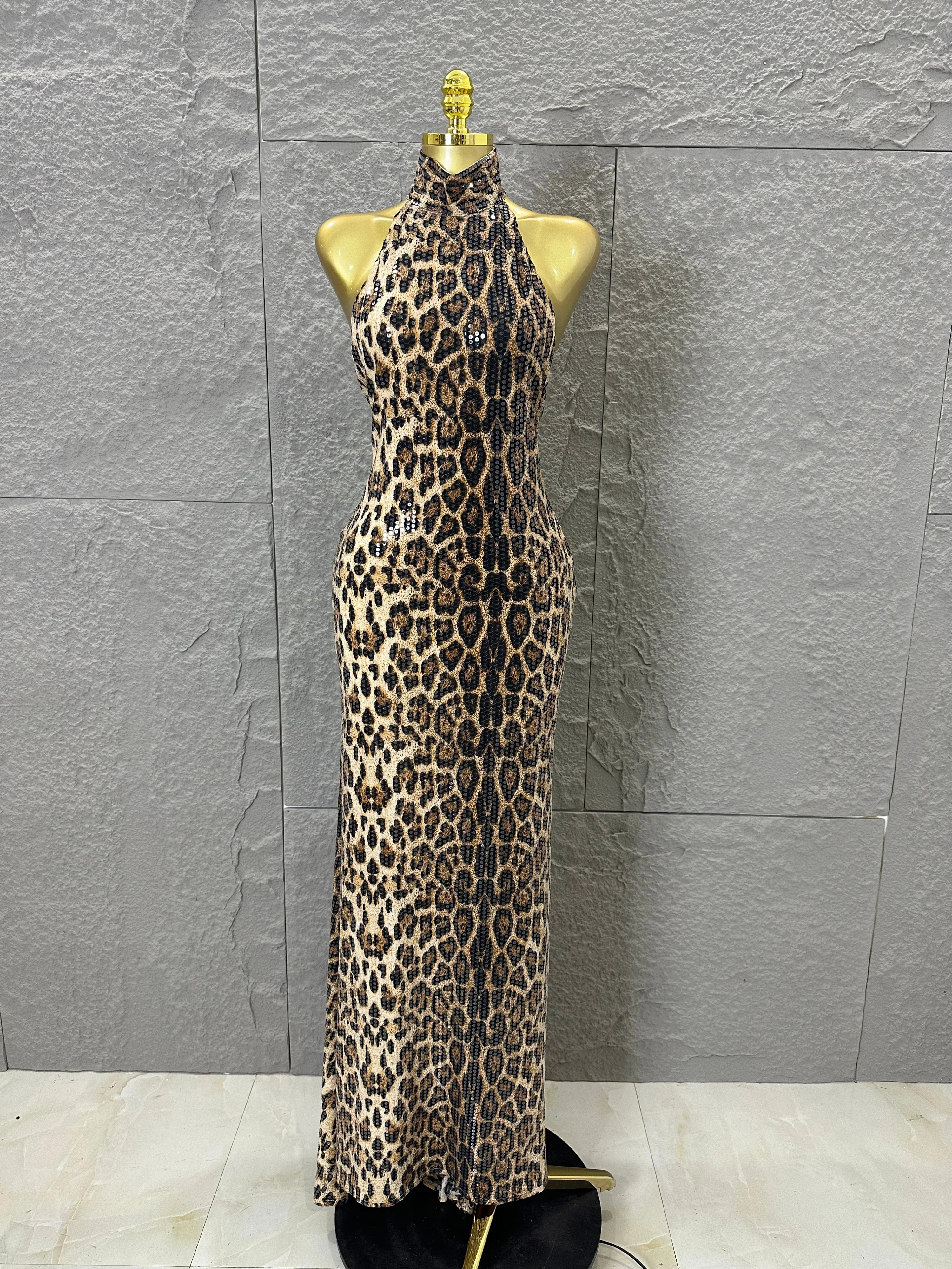 Refined Leopard Print Maxi Dress Women Sexy Halter Neck Sleeveless Sequin Embellished Bodycon Outfit Nightclub Party Costume