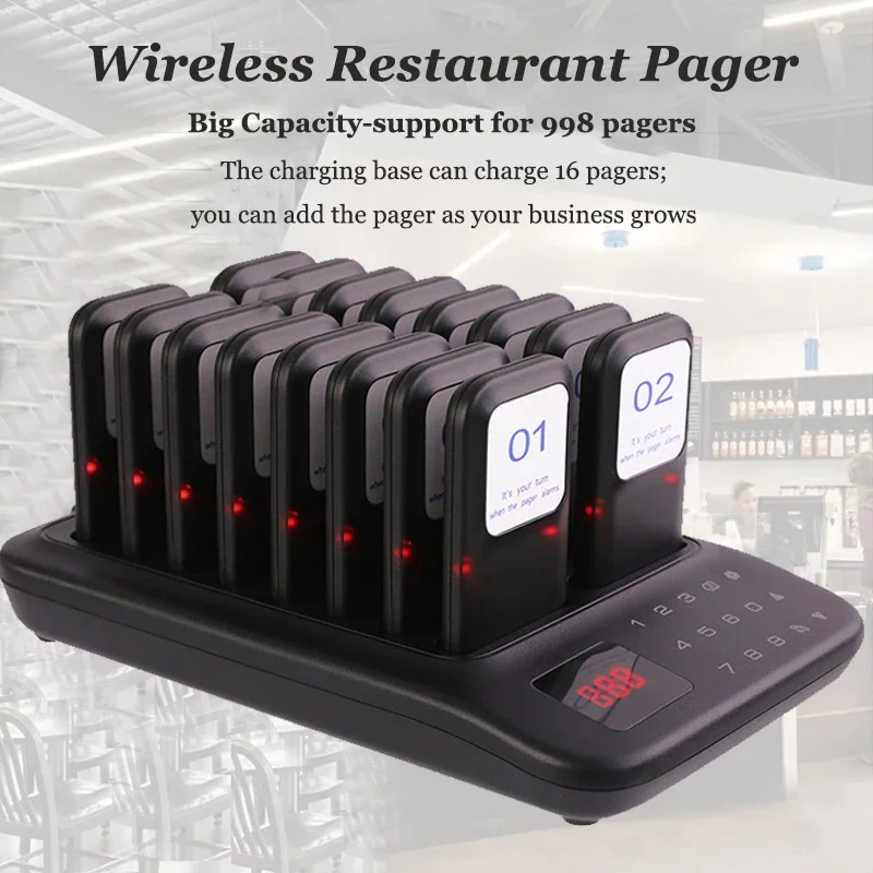 Wireless Restaurant Buzzer Pager 16 Coasters Paging Guest Calling Queuing System for Coffee Dessert Burger Shop Food Truck