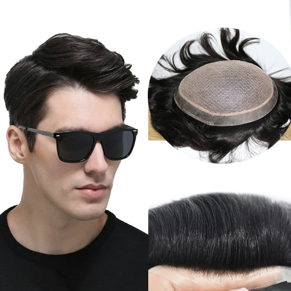 

M-lace Silk Base Men Toupee With PU and Swiss Lace 100% Human Hair Straight Natural Scalp Looking Breathable For Men