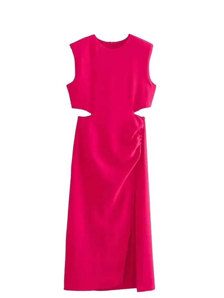 TRAF estate moda femminile abito lungo senza maniche girocollo ritagliato rosa rosso increspato Midi Party donna eleganti abiti da sera