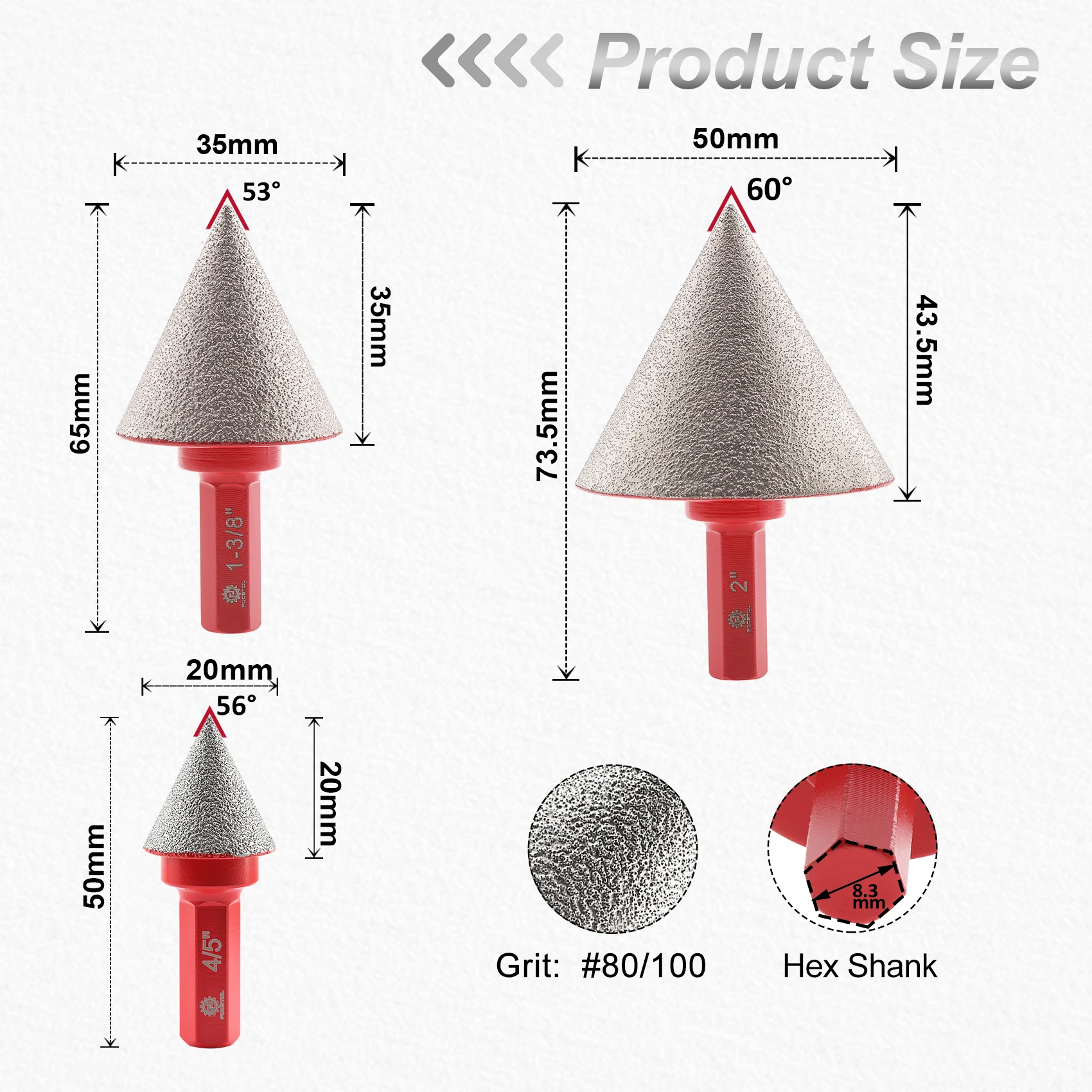 Focstol Diamond Chamfer Bit Milling Bits 1pc 20/35/50mm Chamfering Finger Bit for Tile Ceramic Beveling Holes Trimming Hex shank