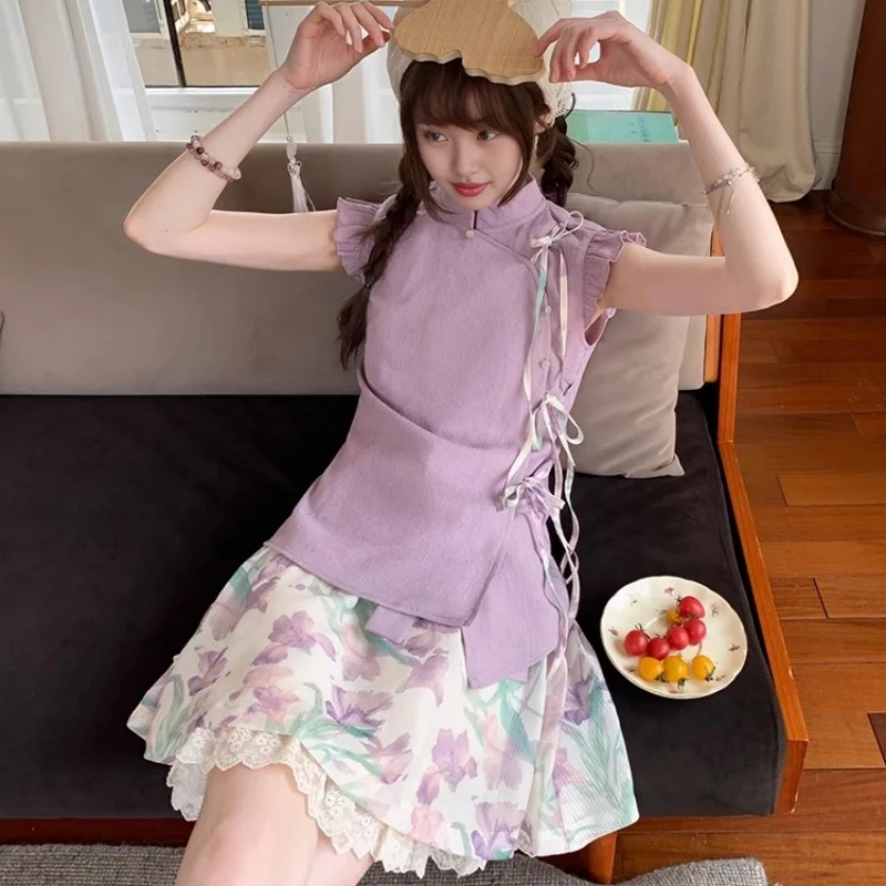 

Two-Piece Set Sweet Style Summer New Solid Color Ruffled Sleeveless Top Floral Short Skirt Women'S Design Suit