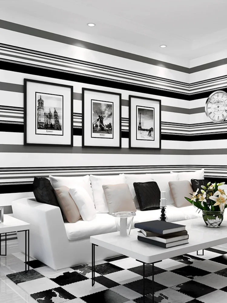 Background Wall Wallpaper Film and Television Living Room Is Now Simple Non-woven Black and White Gray Striped Wallpaper