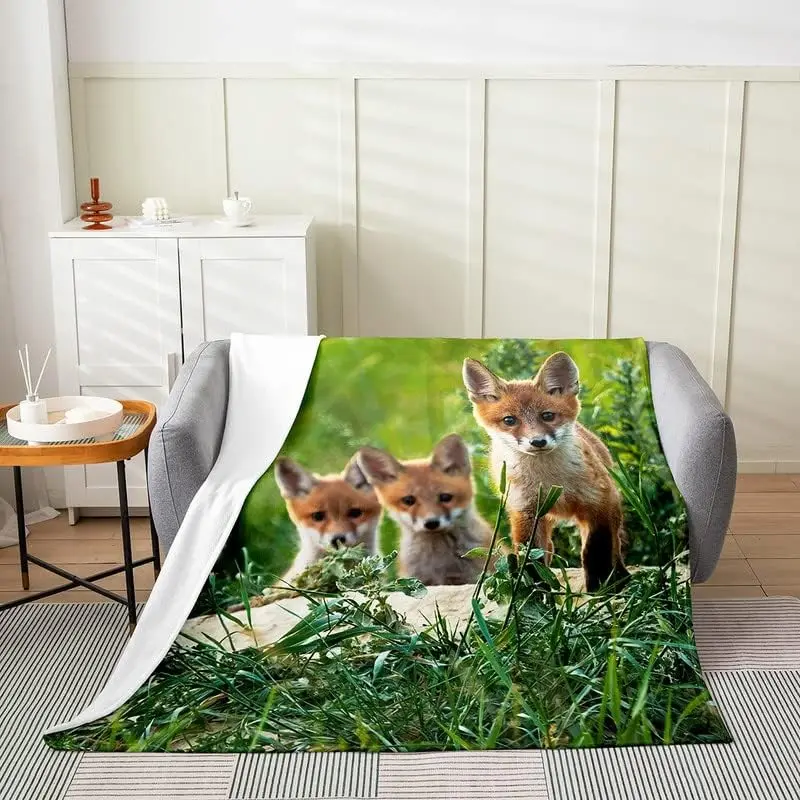 Fox Plush Throw Blanket, Cute Fox All Season,Bed Blanket Woodland Fox Flannel Fleece Blanket Nature Wildlife for Kids