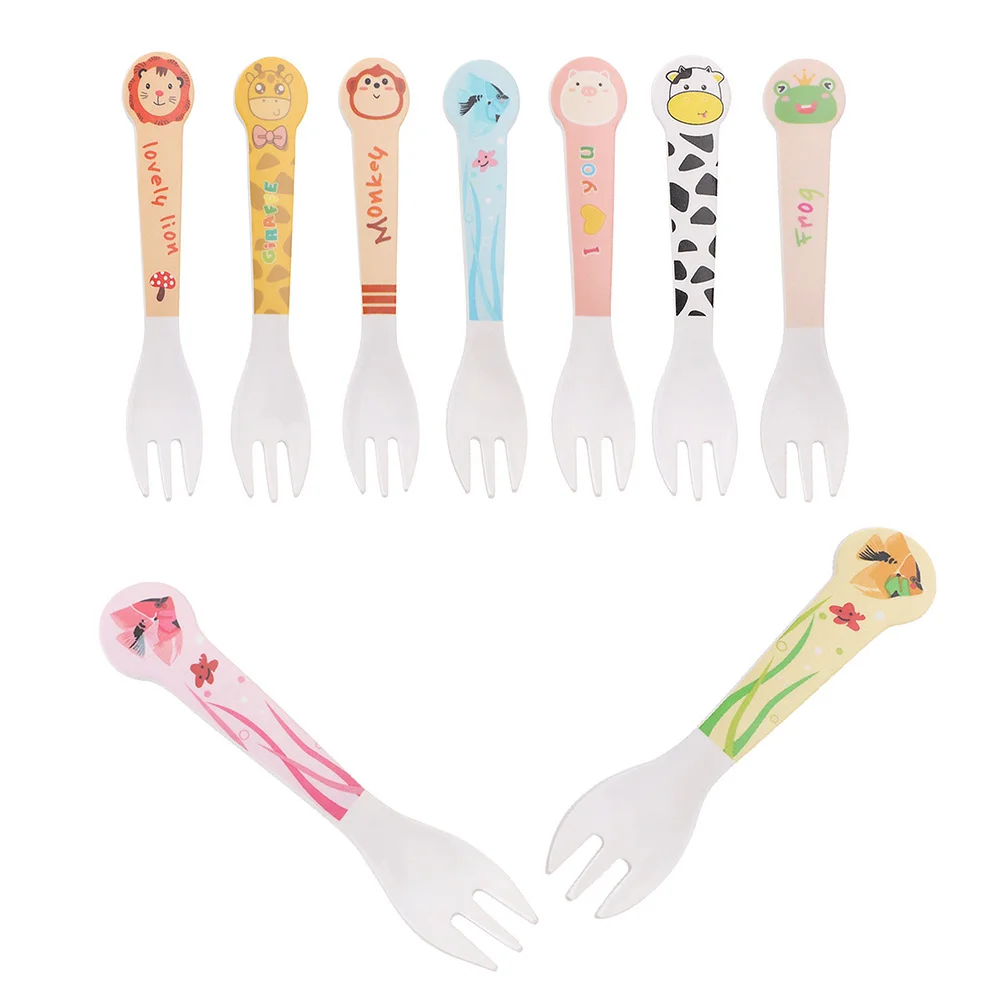 Cute Cartoon Pattern Bamboo Fiber Dinner Fork Children's Baby Kids Food Picks Solid Feeding Tableware Cutlery