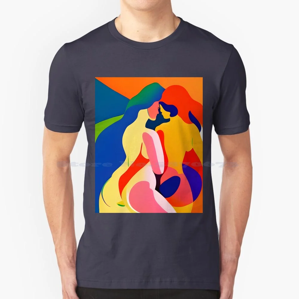 Two Ladies Hugging Abstract Contemporary Art Design. T Shirt 100% Cotton Tee Two Ladies Figures Curves Hugging Abstract Modern