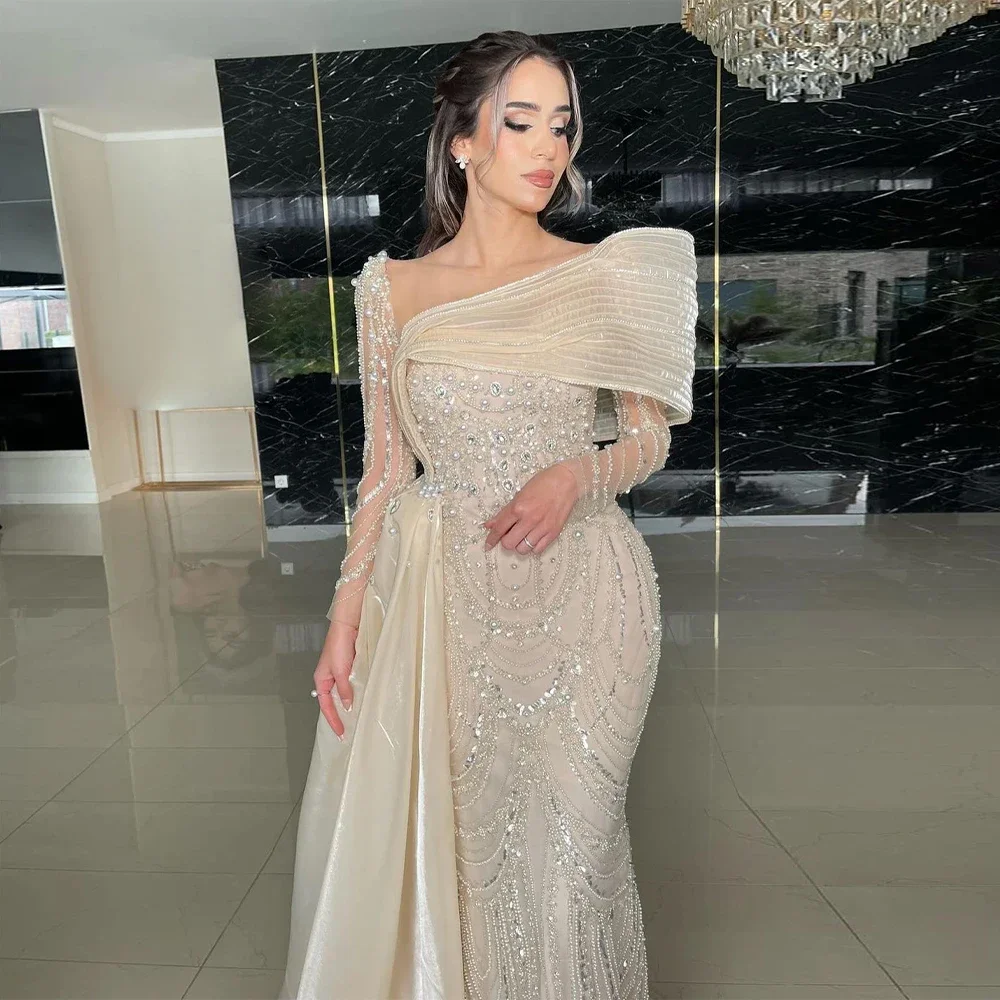 Customized Luxury Nude Crystal Mermaid Evening Dress with Overskirt Long Sleeves Dubai Arabic Wedding Formal Prom Gowns