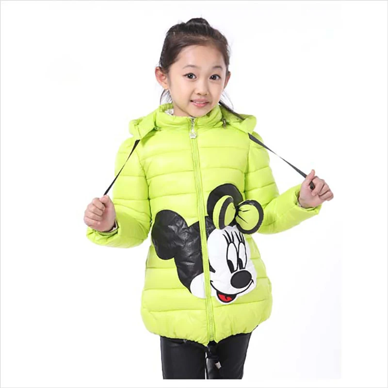 Disney Mickey Mouse Girls 2024 Winter Jacket Kids Cartoon Minnie Hooded Zipper Cotton-Padded Parka Children\'s Clothing Outerwear