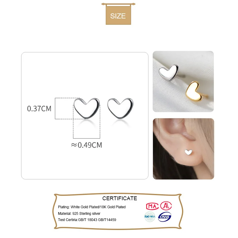 Small Heart Stud Earrings For Women Daughter Girls Kids Birthday Gift Fine Jewelry 925 Sterling Silver Earrings DS019