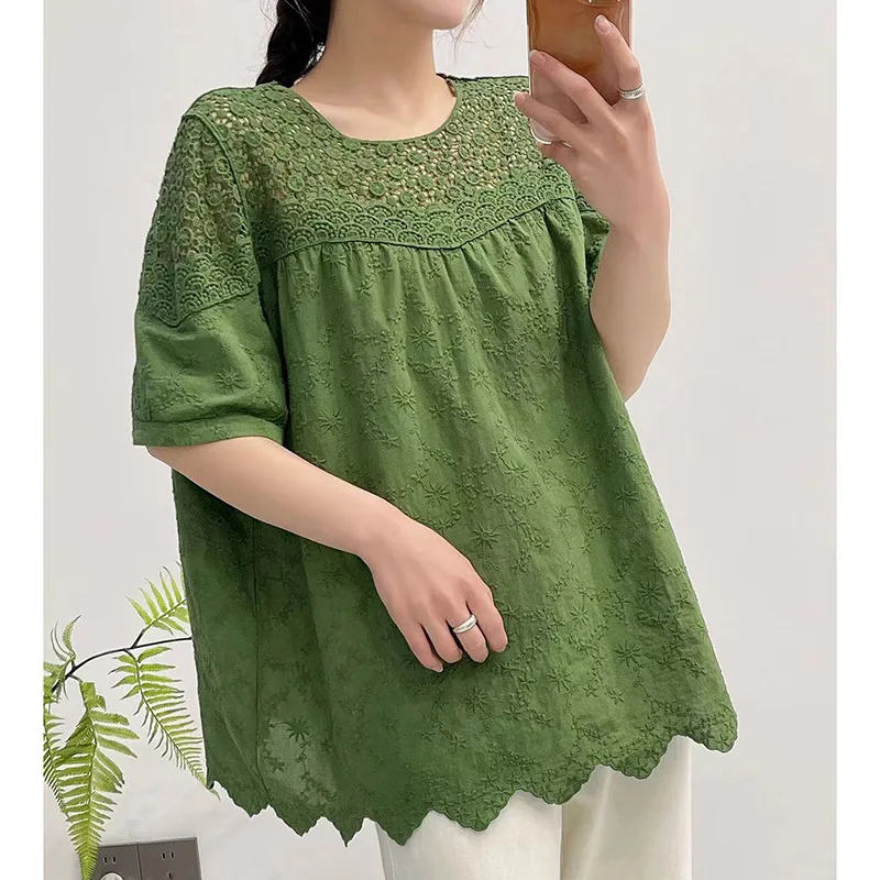 New Spring Cotton Fashion T-Shirts Women Embroidery Top Short Sleeve Hollow Out Simple Sweet Loose Blouse 2024 Summer T444109QM