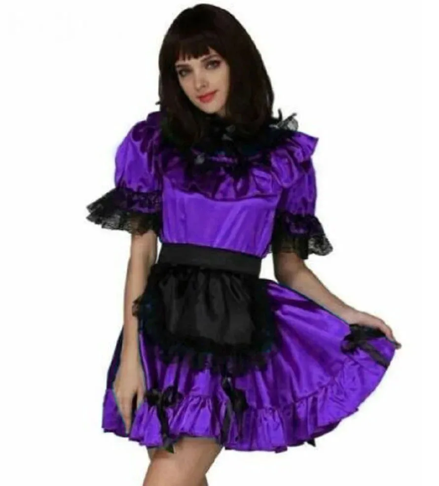 Fashionable Princess Purple Thin Satin Dress Bow Black Apron Lace Trimmed Adult Sissy Tune Lockable Multi Color