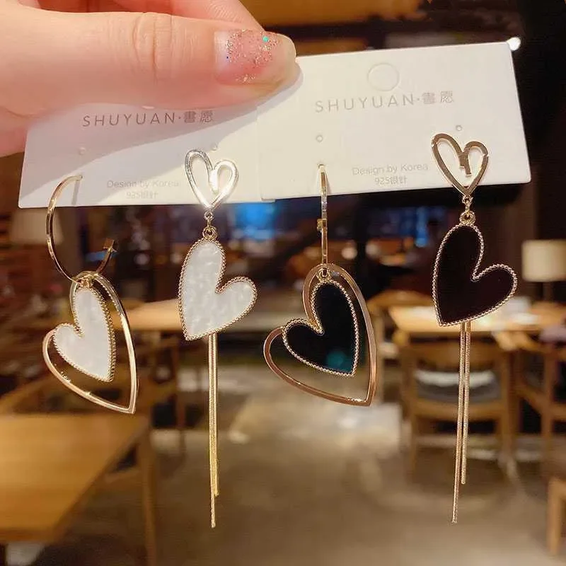 Minar Sweet Asymmetric White Black Enamel Love Heart Earrings for Women Metal Hollow Layered Heart Long Tassel Dangle Earrings