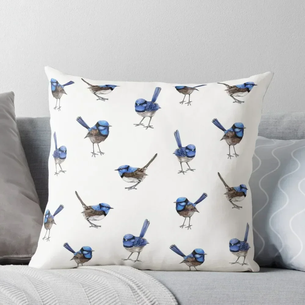 Blue Wrens, Scattered on White Throw Pillow Ornamental Pillow Christmas Pillow Cushions For Sofa christmas ornaments 2025