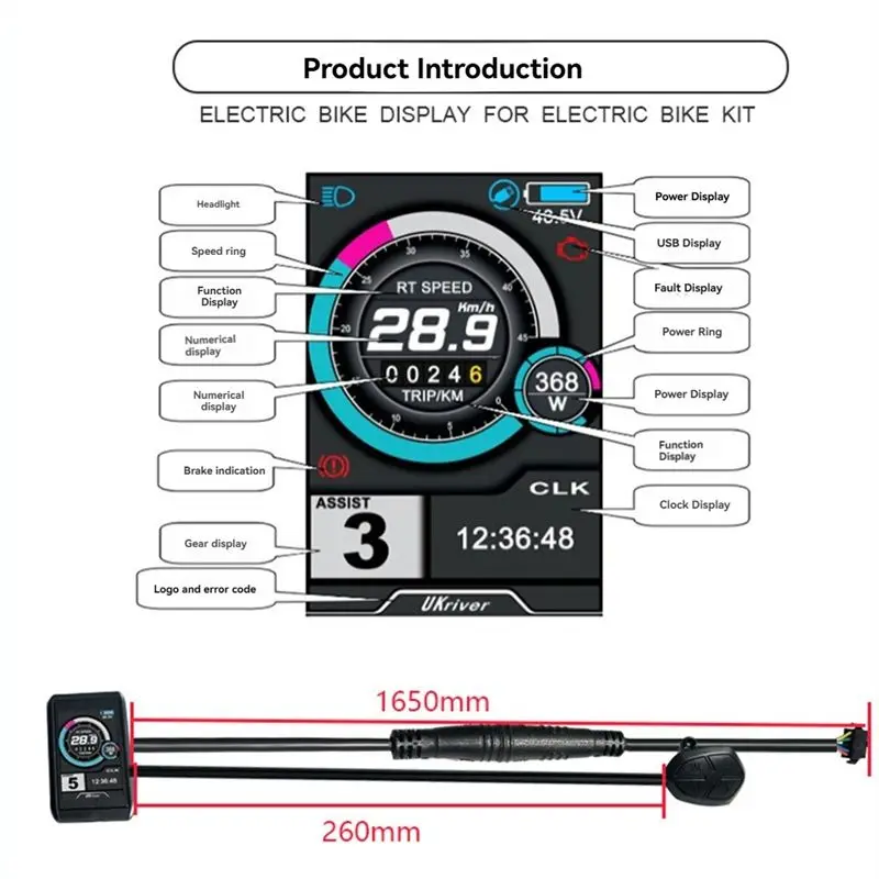 A19Q-E-Bike UKC1 Color Display Screen SM Plug 36V 48V 52V 60V 72V For OMD2 Communication Protocol