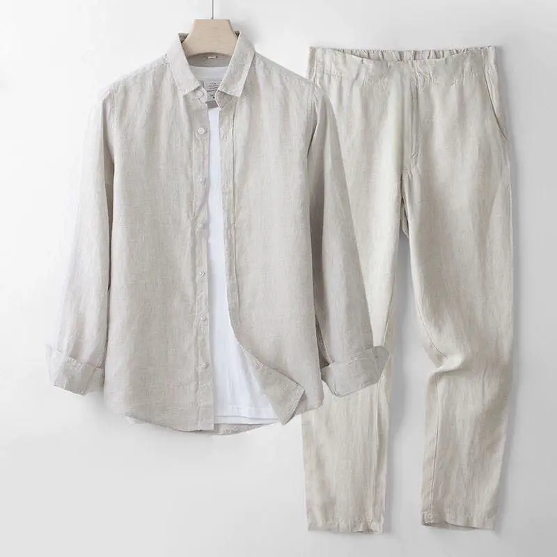 

Men's Summer Cotton Linen Set Vintage Chinese Style Two-Piece Thin Casual Loose Long Pants Breathable Comfortable Lightweight