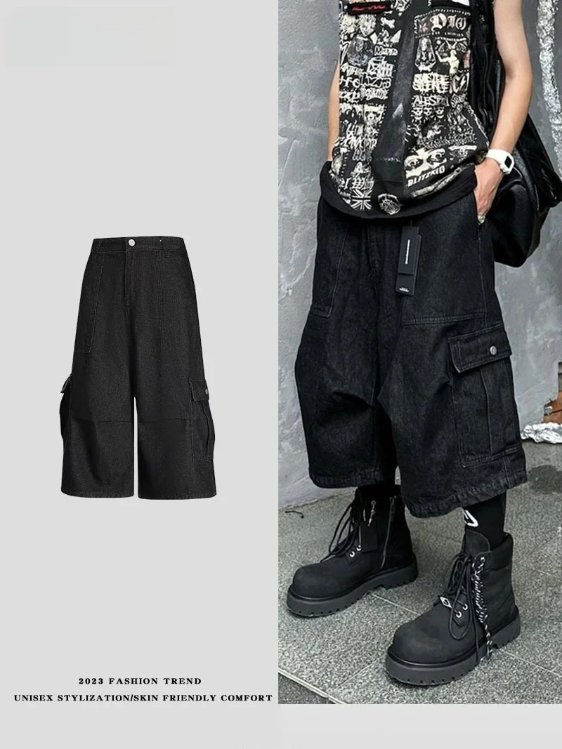 

American Retro High Street Men's Loose Wide Leg Jeans Cargo Pants Seven-Foot ket Water Waed Casual Youth Summer Jeans