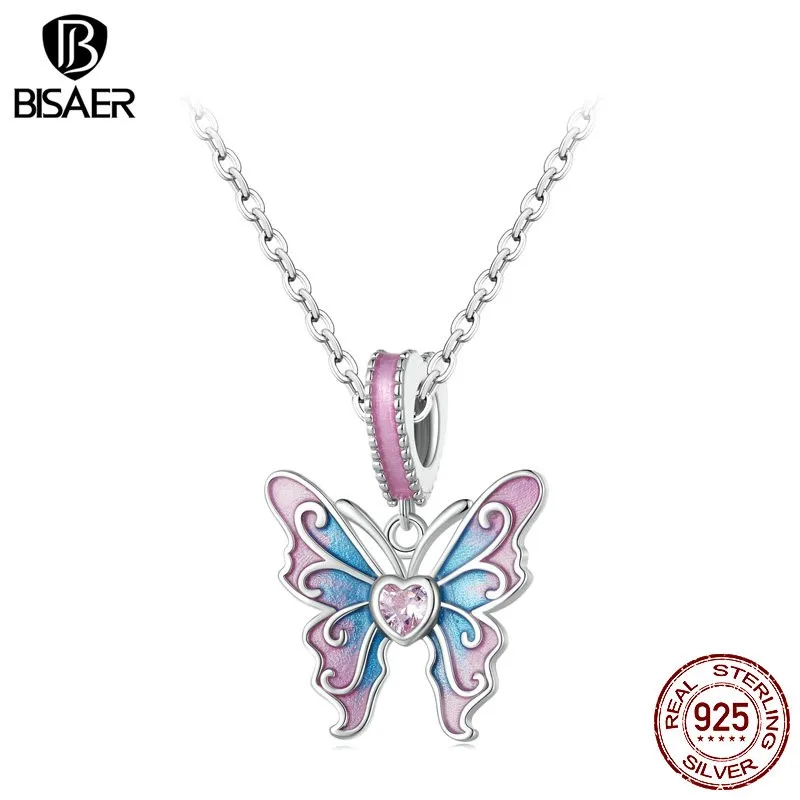 

BISAER 925 Sterling Silver Pink Butterfly Pendant Necklace Egradient Enamel Plated Platinuma Ajustable Chain Women Fine Jewelry