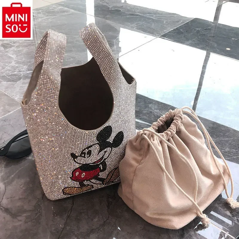 MINISO 디즈니 패션 럭셔리 브랜드 스파클링 미키 핸드백, 여성용 귀여운 만화 다이아몬드 상감 고품질 버킷 백