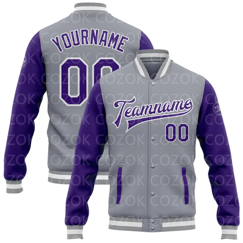 Custom Purple 3D Printed Baseball Button Jacket Bomber Full-Snap Varsity Letterman Jacket