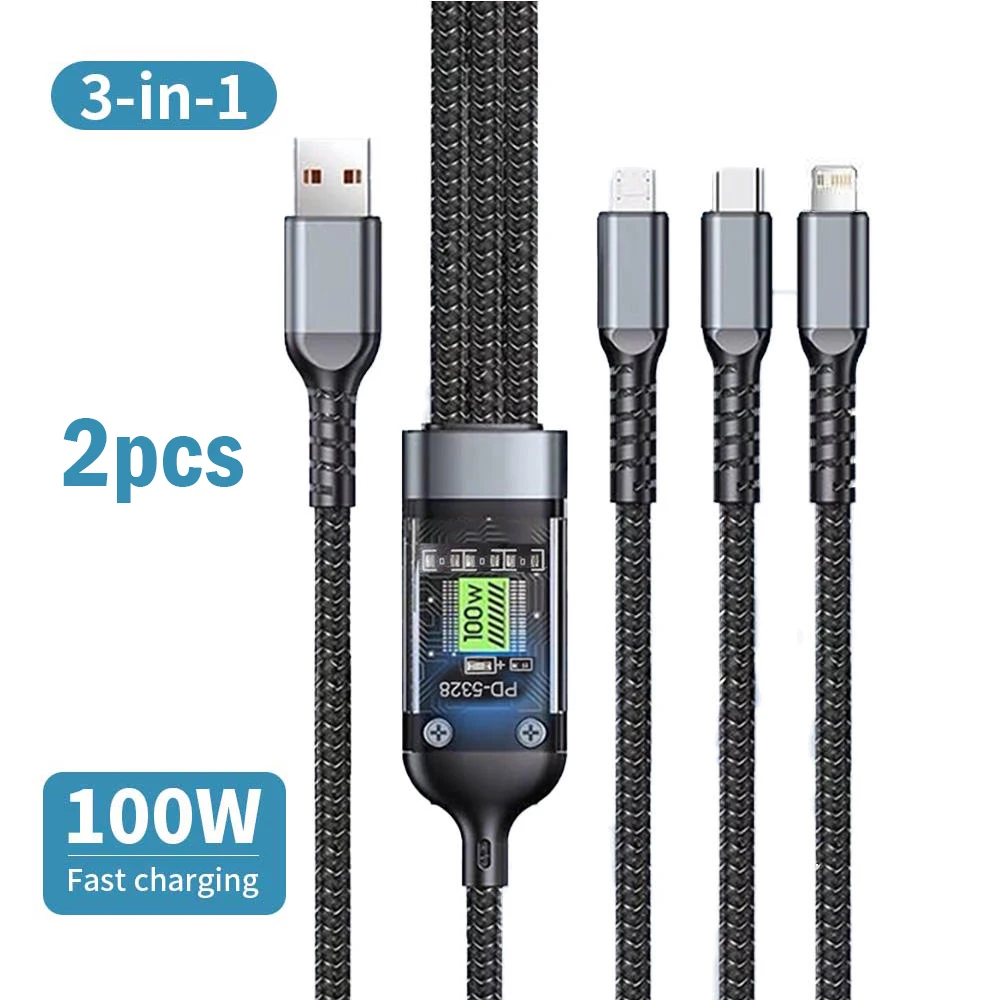 

2 шт., 100 Вт, 3 в 1, кабель для быстрой зарядки, 1,2 м/4 фута, нейлоновая оплетка, тип-C, многопортовый кабель Micro USB, несколько зарядных проводов