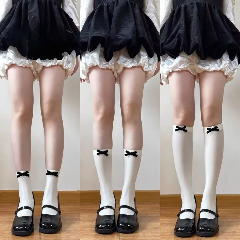 Women Black Bow Velvet Knee High Socks Beige Japanese Kawaii JK Ballet Style Thin Skin-Friendly Soft Reversible Slouch Calf Sock