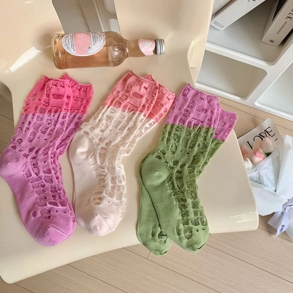 3pairs Summer Glass Silk Ripped Tube Socks Color Blocking Stockings Hollow Mesh Socks Pile Up Breathable Women's Socks