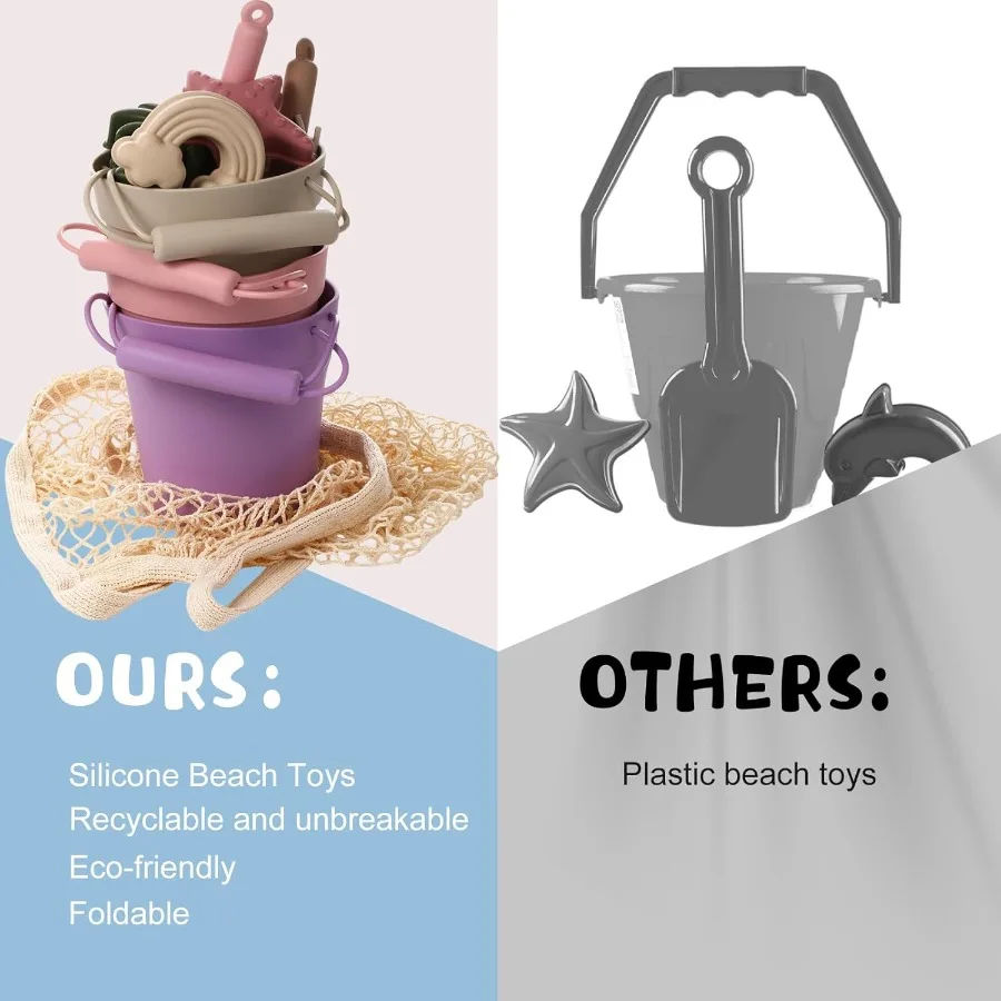 16 pçs brinquedos de praia de silicone viagem amigável conjunto de praia brinquedos coloridos incluem 3 baldes de silicone, 3 pás, 9 moldes de areia, 1 saco